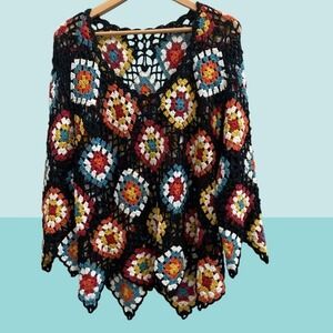Vintage Style Granny Square Loose Knit Crochet Top Sweater M/L